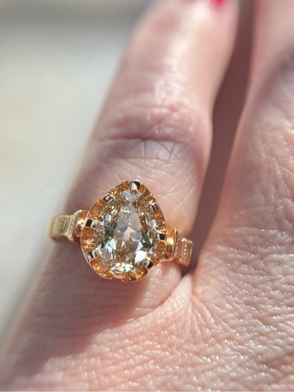 2.14 carat GIA Fancy Yellow-Brown Antique Cut Pear Natural Diamond Ring